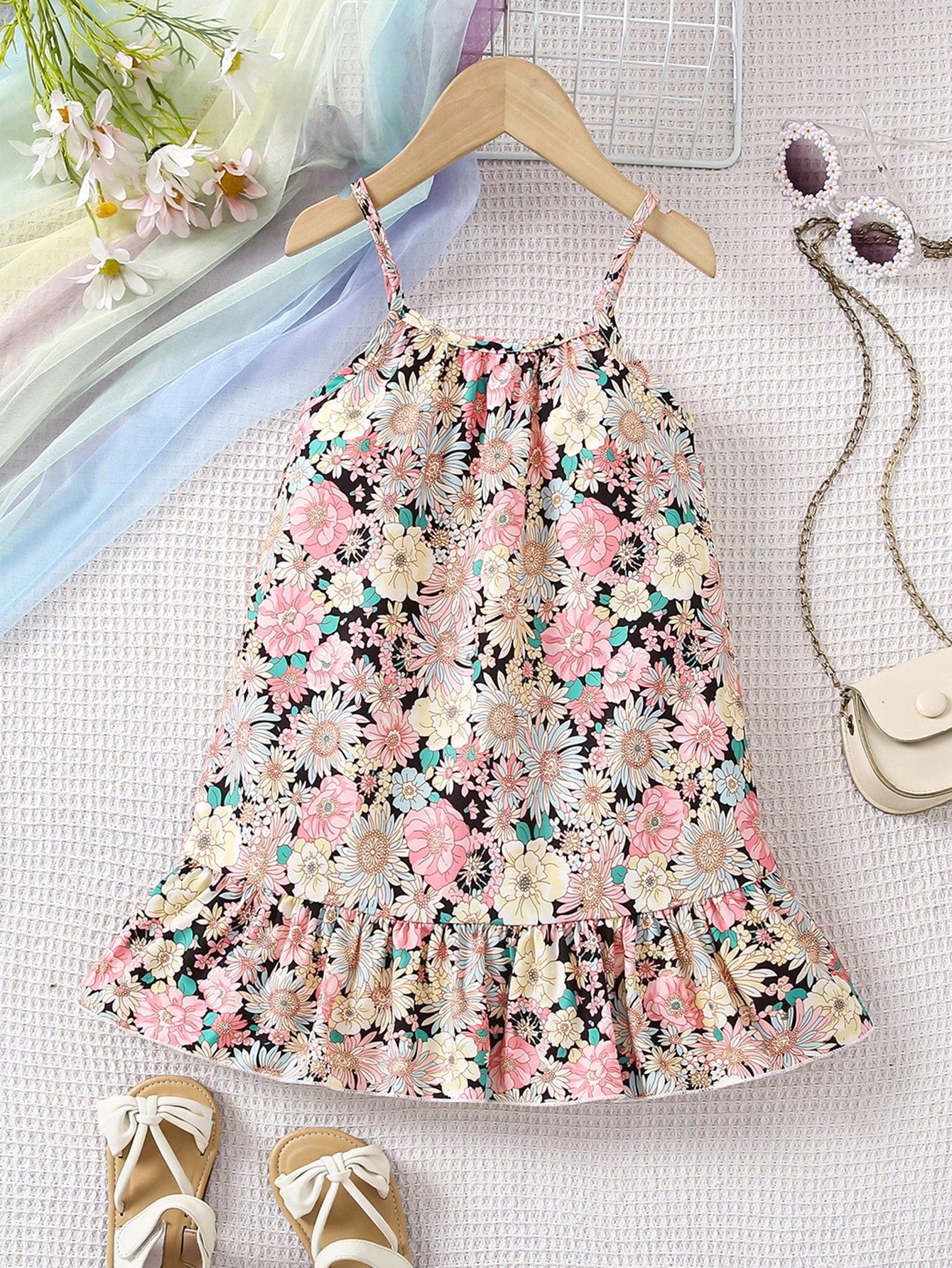 Young Girl Fashionable Floral Printed Dress With Ruffle Hem And Crossed Straps, Summer Beach Vacation