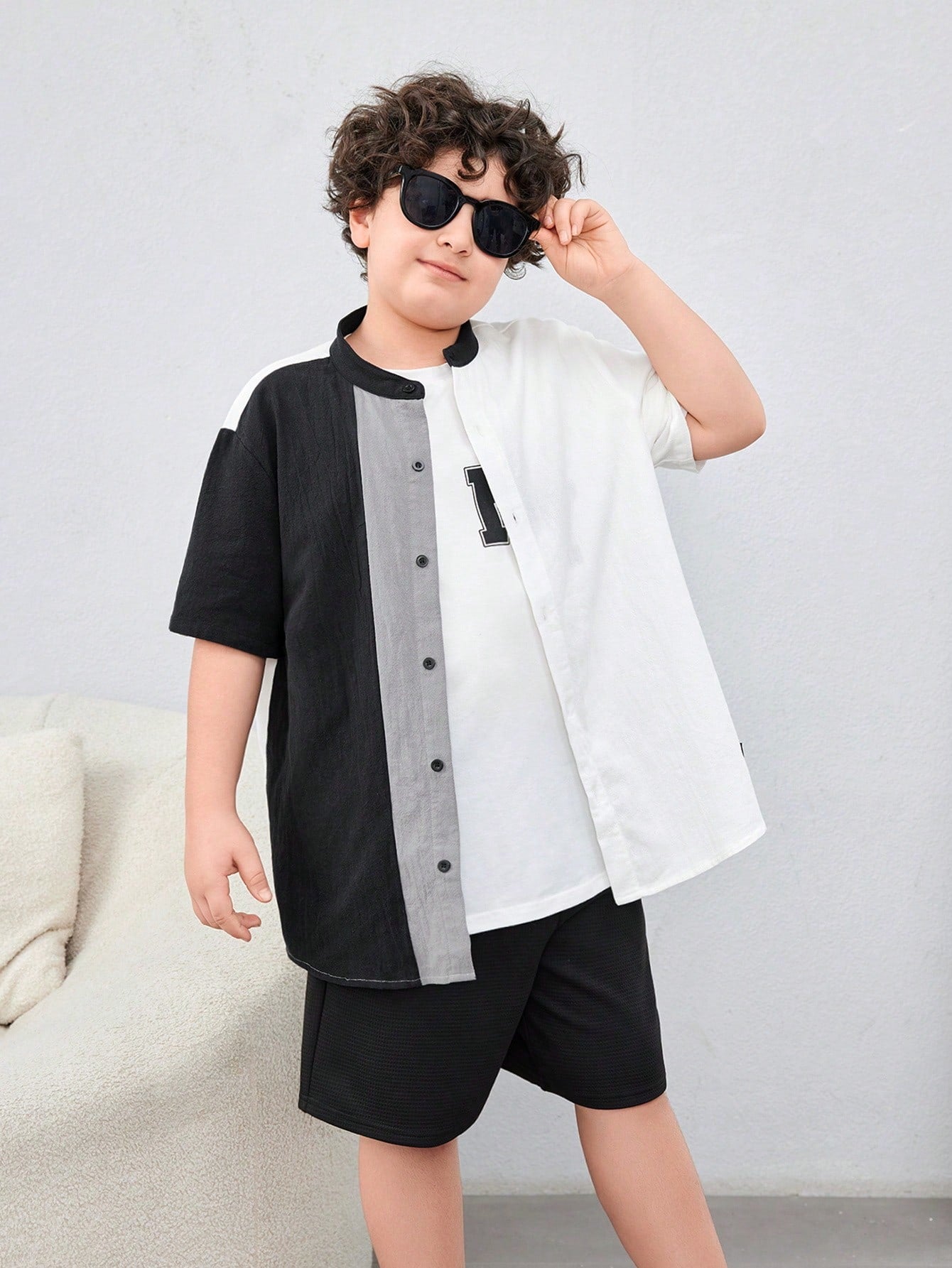 Tween Boys Extended Size Casual Letter Applique Color Block Shorts Open Collar Round Neck Woven Shirt