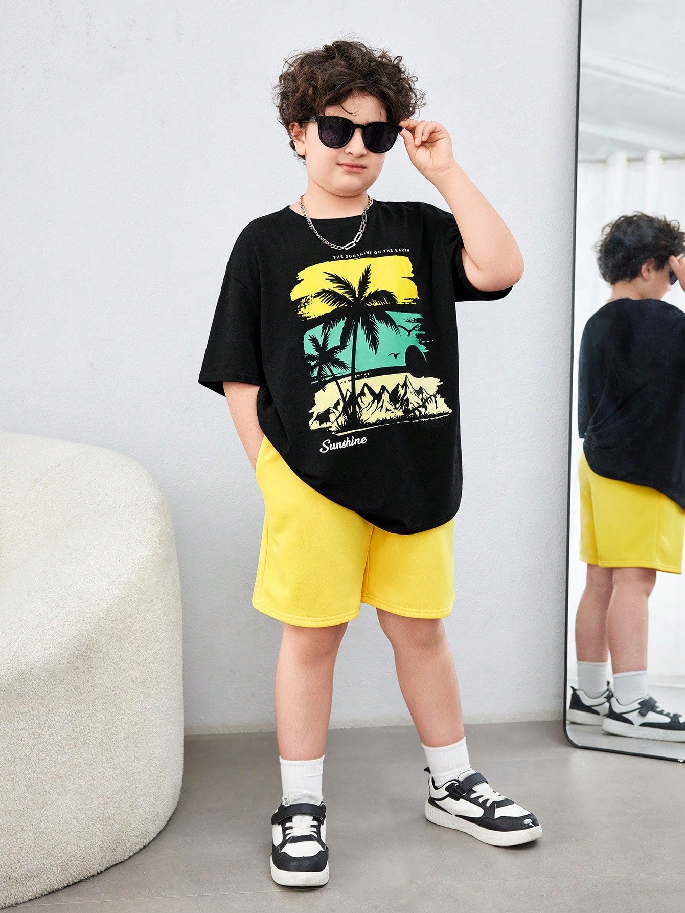 Tween Boy Extended Size Casual Palm Tree Print Round Neck Short Sleeve T-Shirt And Solid Shorts Knitted 2pcs Outfits