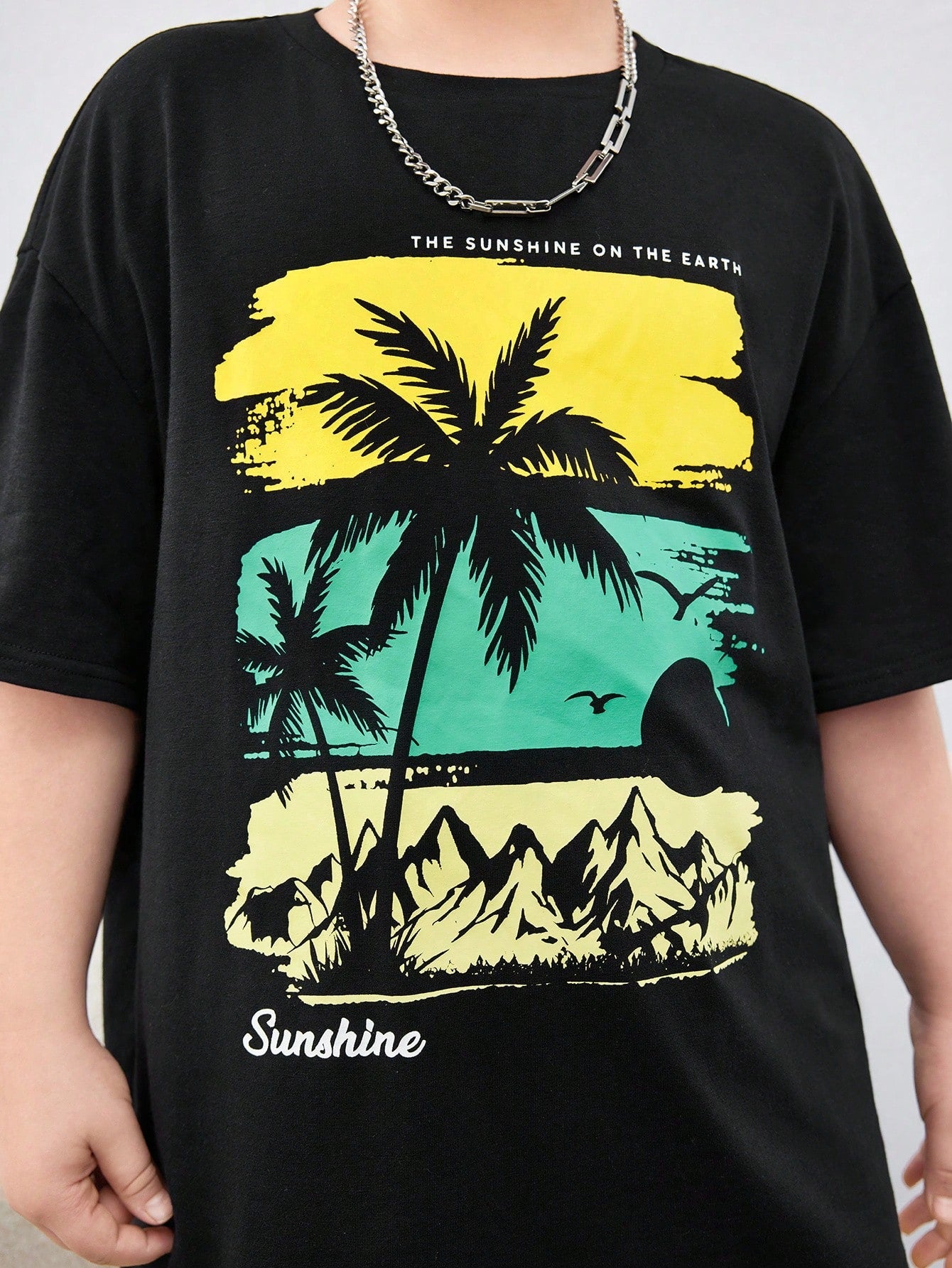 Tween Boy Extended Size Casual Palm Tree Print Round Neck Short Sleeve T-Shirt And Solid Shorts Knitted 2pcs Outfits