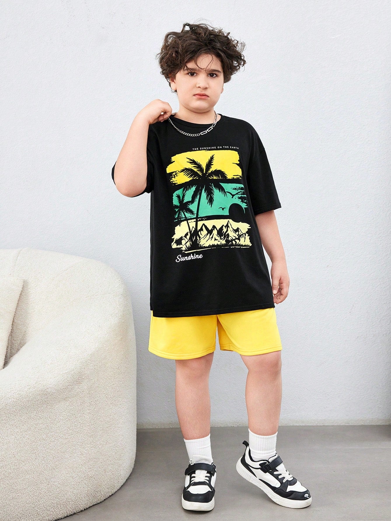 Tween Boy Extended Size Casual Palm Tree Print Round Neck Short Sleeve T-Shirt And Solid Shorts Knitted 2pcs Outfits