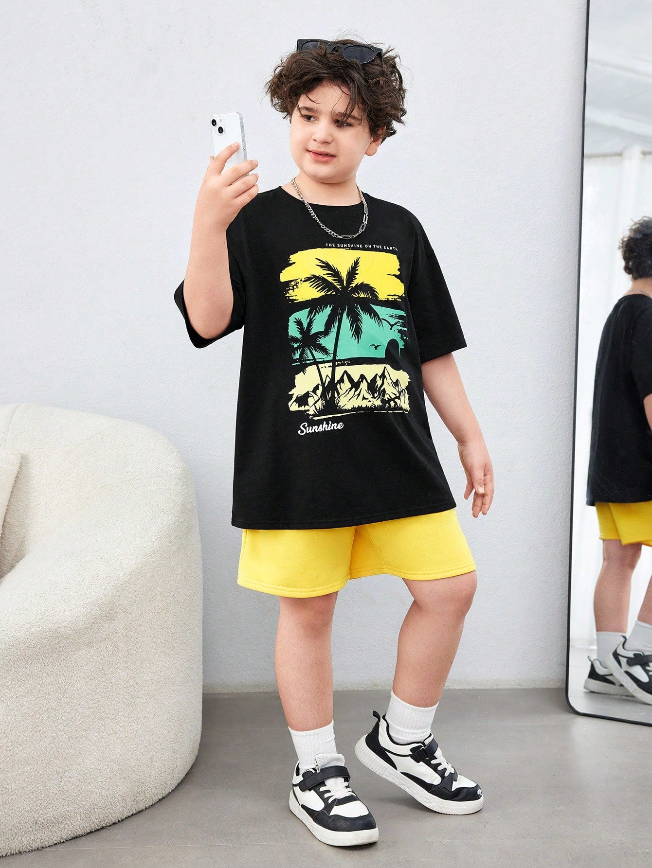 Tween Boy Extended Size Casual Palm Tree Print Round Neck Short Sleeve T-Shirt And Solid Shorts Knitted 2pcs Outfits