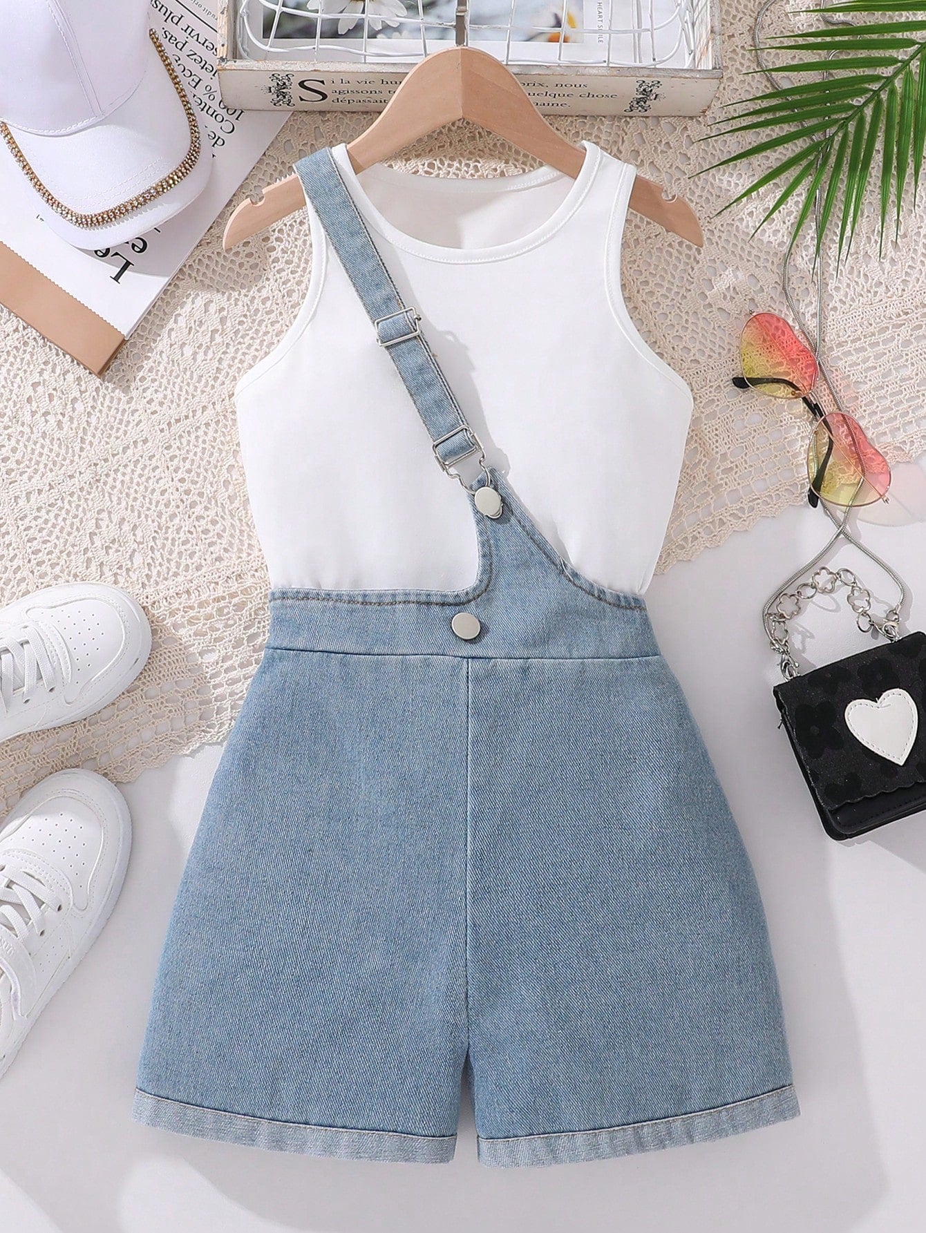 Tween Girl Solid Color Vest Top With Overalls Denim Shorts 2 Pieces Set For Summer