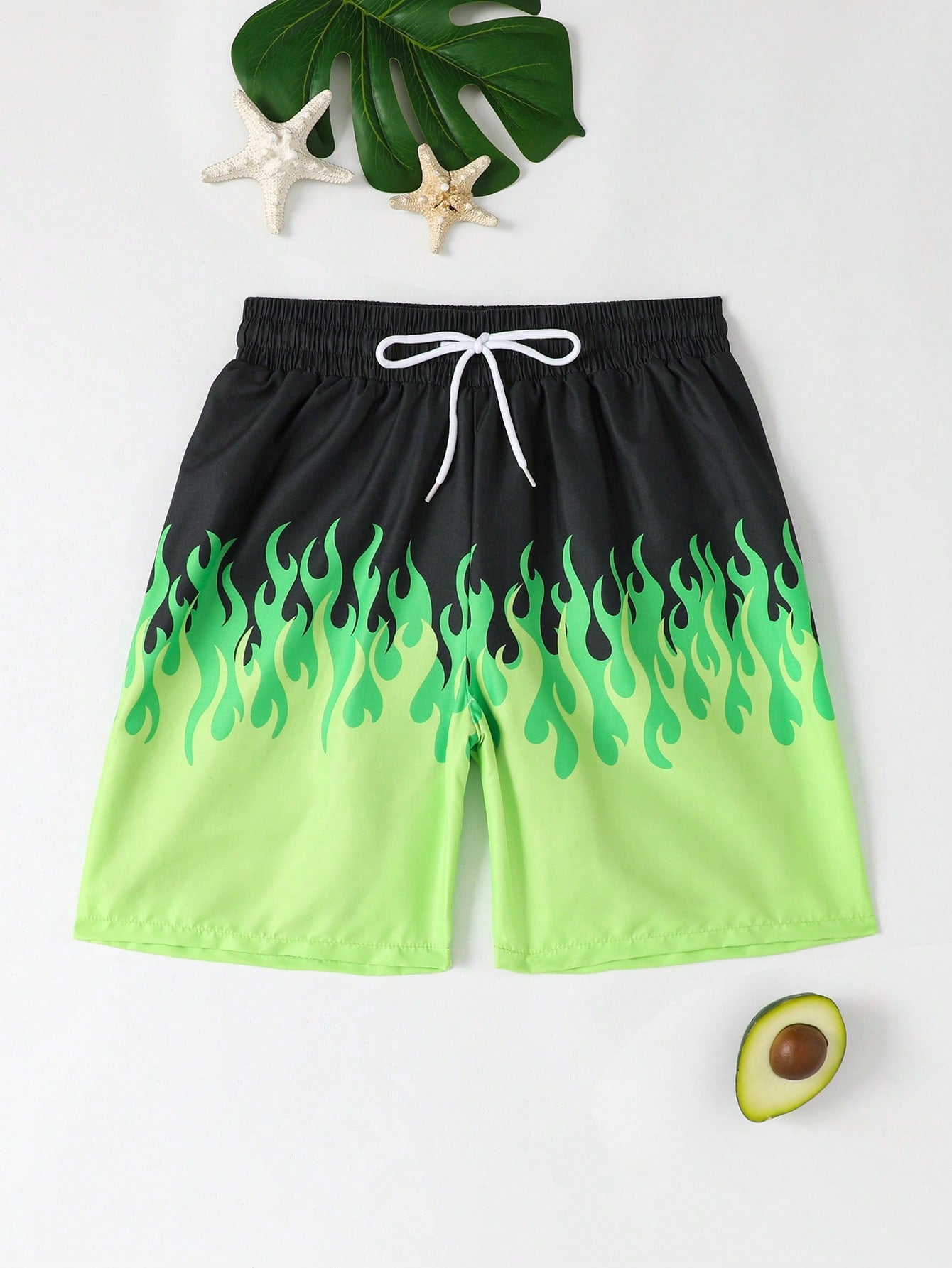 Tween Boy Fire Print Drawstring Waist Swim Shorts