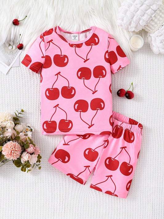 Young Girl Fitted Crew Neck T-Shirt And Shorts Set With Pink Cherry All-Over Print, Suitable For Casual Wear And Home PJ Set