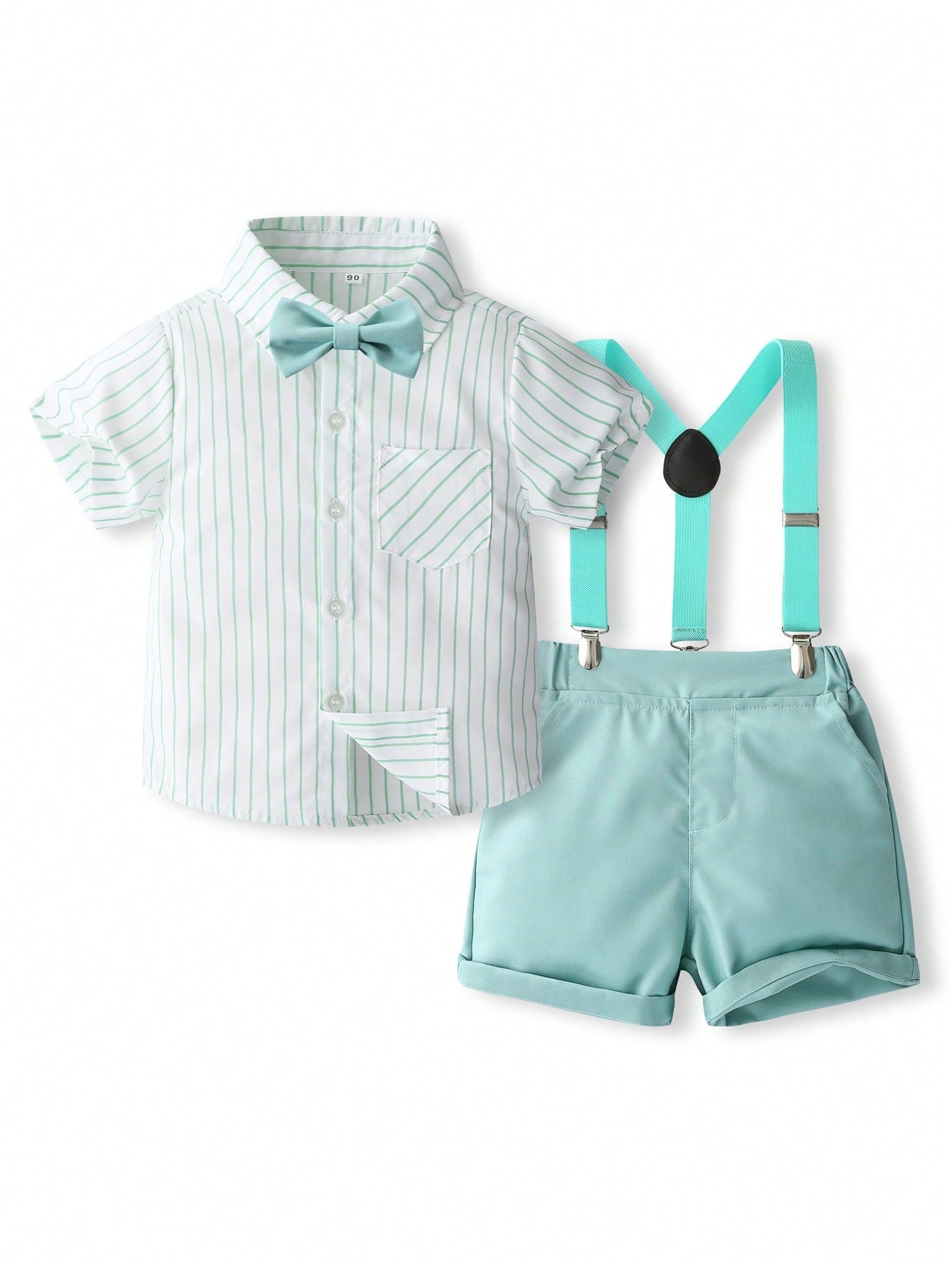 Young Boy Summer Suit, Short Sleeve Striped Shirt, Suspender Shorts, Bowtie, Gentleman Party Dress