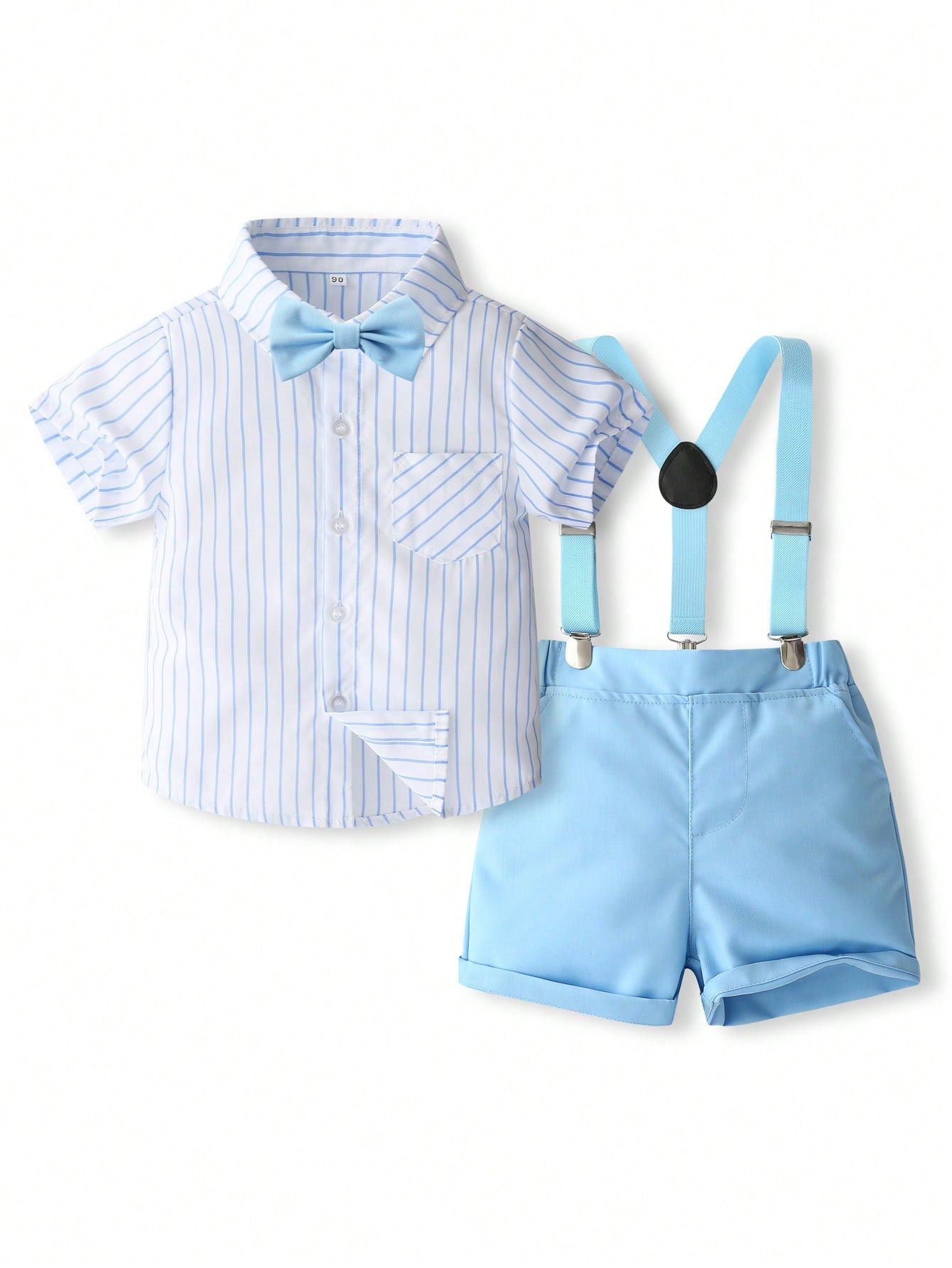 Young Boy Summer Outfits, Short Sleeved Striped Shirt, Suspenders, Pants, Bow Tie, Gentleman Style