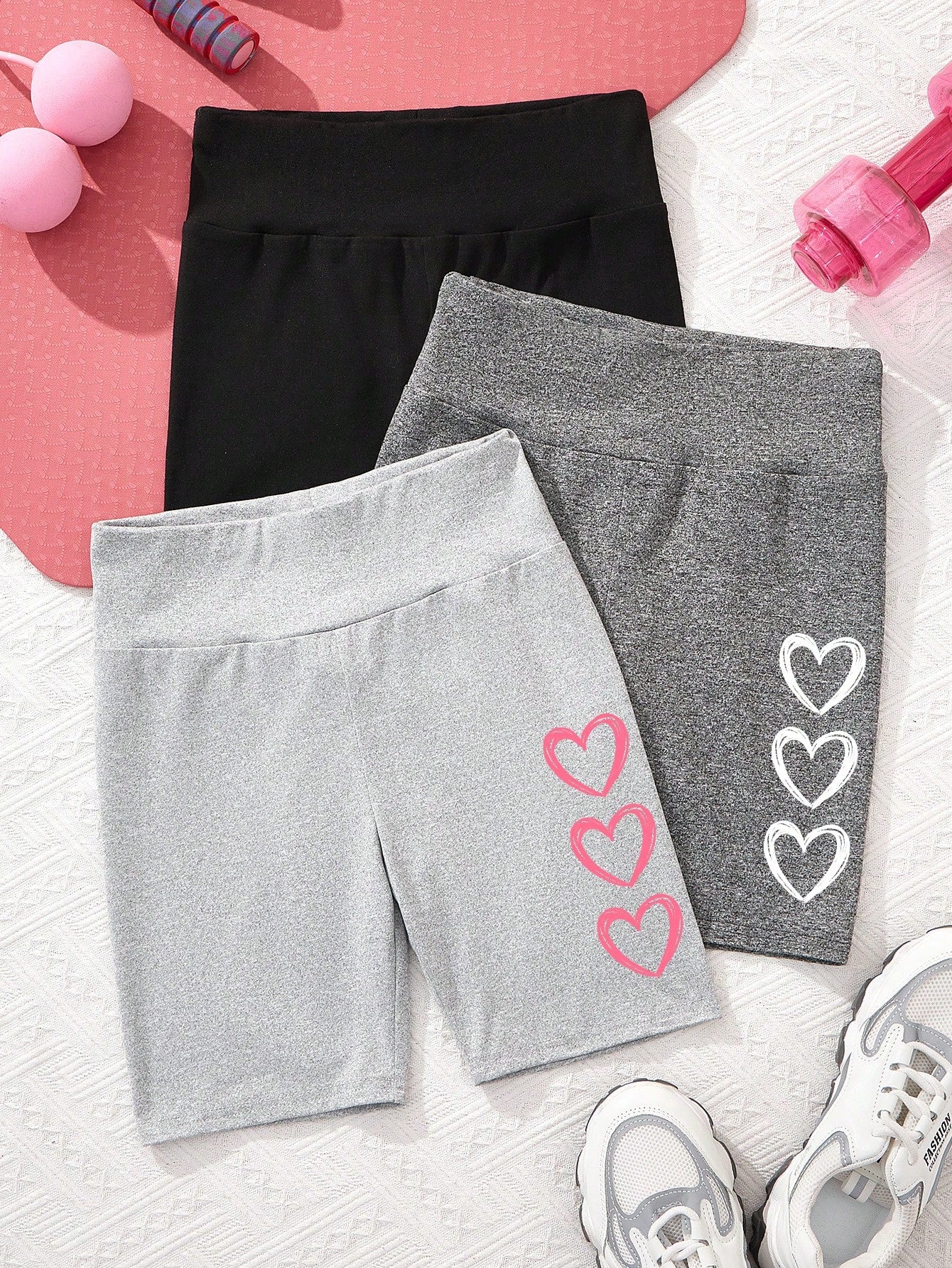 Tween Girl Casual Simple Heart Pattern Mid-Length Leggings Three-Pack Suitable For Spring And Summer