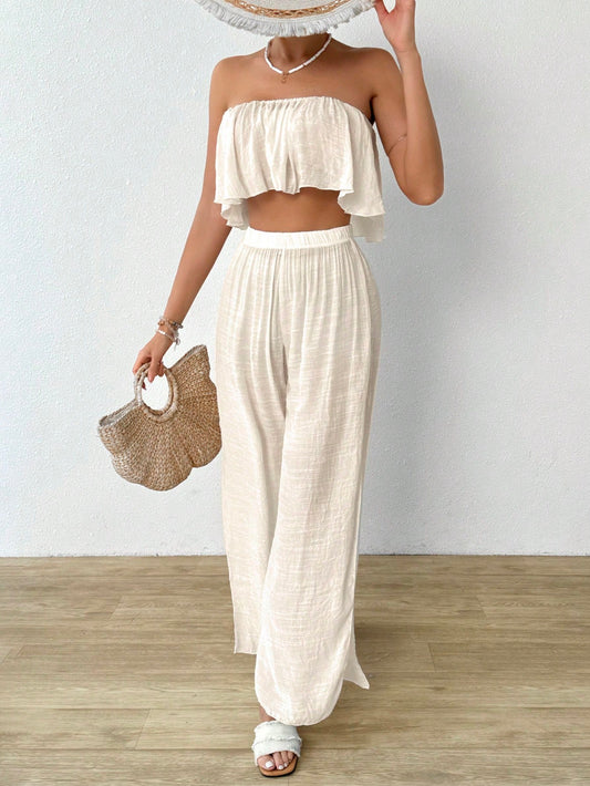 Swim Summer Beach 2pcs Lady Casual Ruffle Edged Top And Pants Cover Up Set