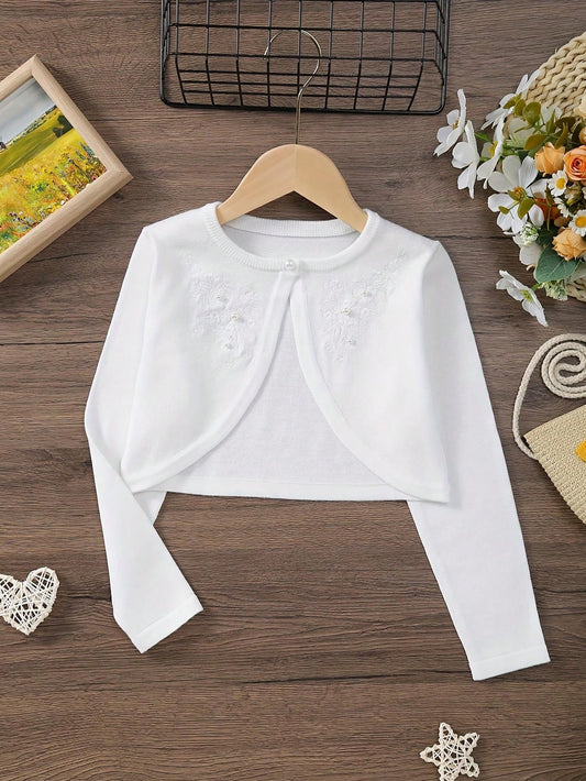 Young Girl Summer Fashionable Crop Button-Up Embroidered Knit Cardigan Outerwear For Casual Wear