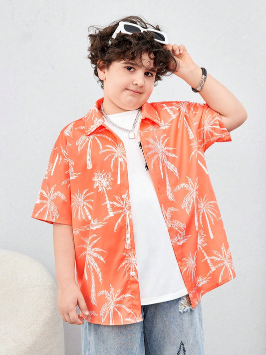 Tween Boy Extended Size Casual Coconut Tree Printed Open-Front Short Sleeve Shirt, Loose Woven Top For Holiday