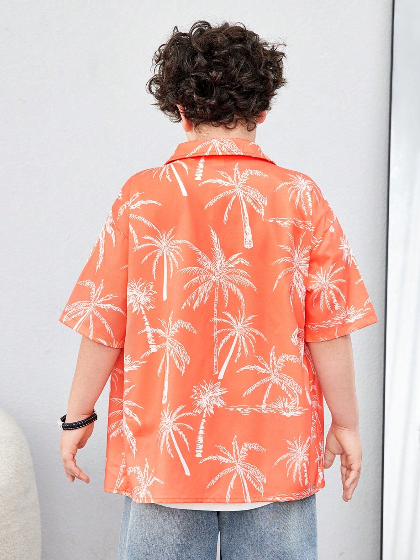 Tween Boy Extended Size Casual Coconut Tree Printed Open-Front Short Sleeve Shirt, Loose Woven Top For Holiday