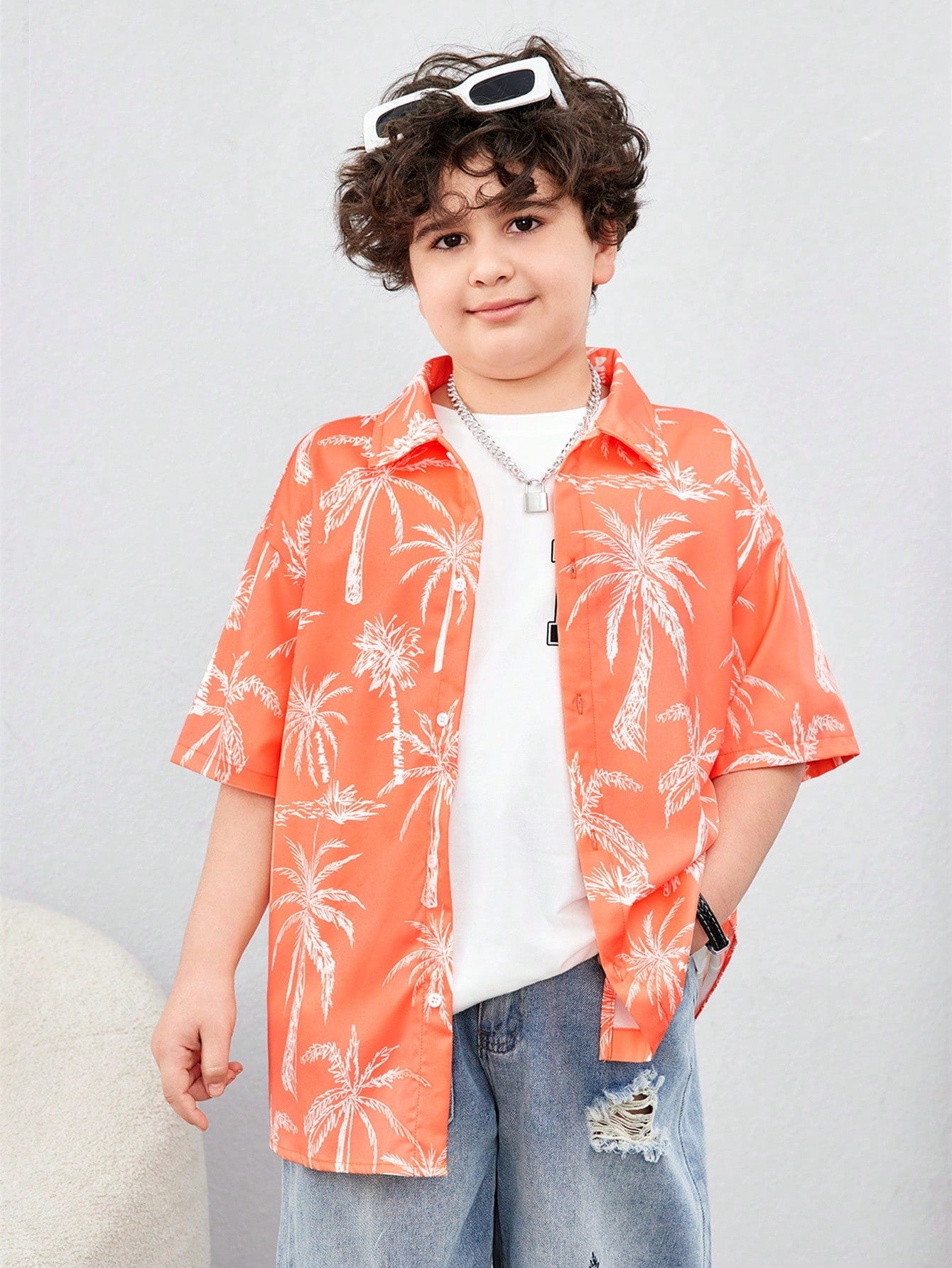 Tween Boy Extended Size Casual Coconut Tree Printed Open-Front Short Sleeve Shirt, Loose Woven Top For Holiday