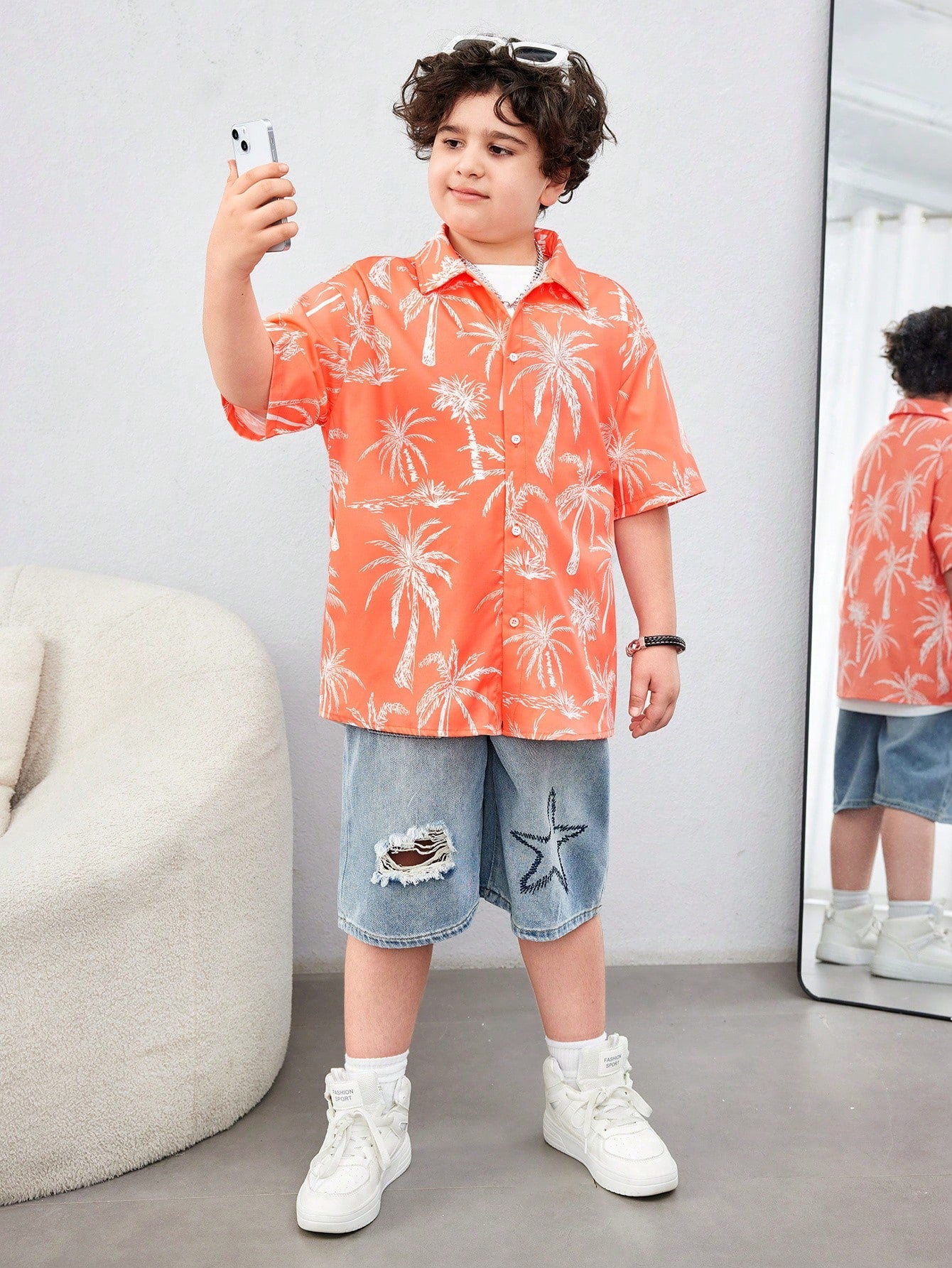 Tween Boy Extended Size Casual Coconut Tree Printed Open-Front Short Sleeve Shirt, Loose Woven Top For Holiday