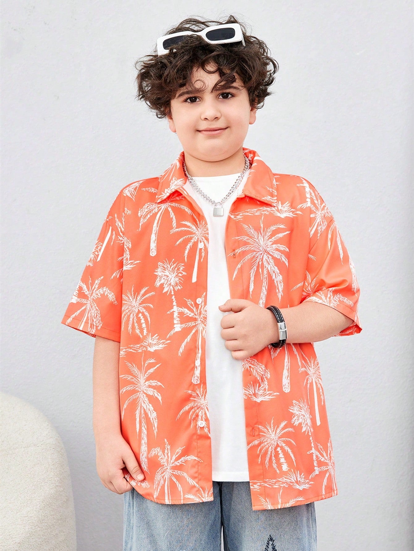 Tween Boy Extended Size Casual Coconut Tree Printed Open-Front Short Sleeve Shirt, Loose Woven Top For Holiday