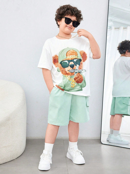 Tween Boy Extended Size Casual Bear Print Round Neck Short Sleeve Knitted T-Shirt And Woven Solid Shorts Set