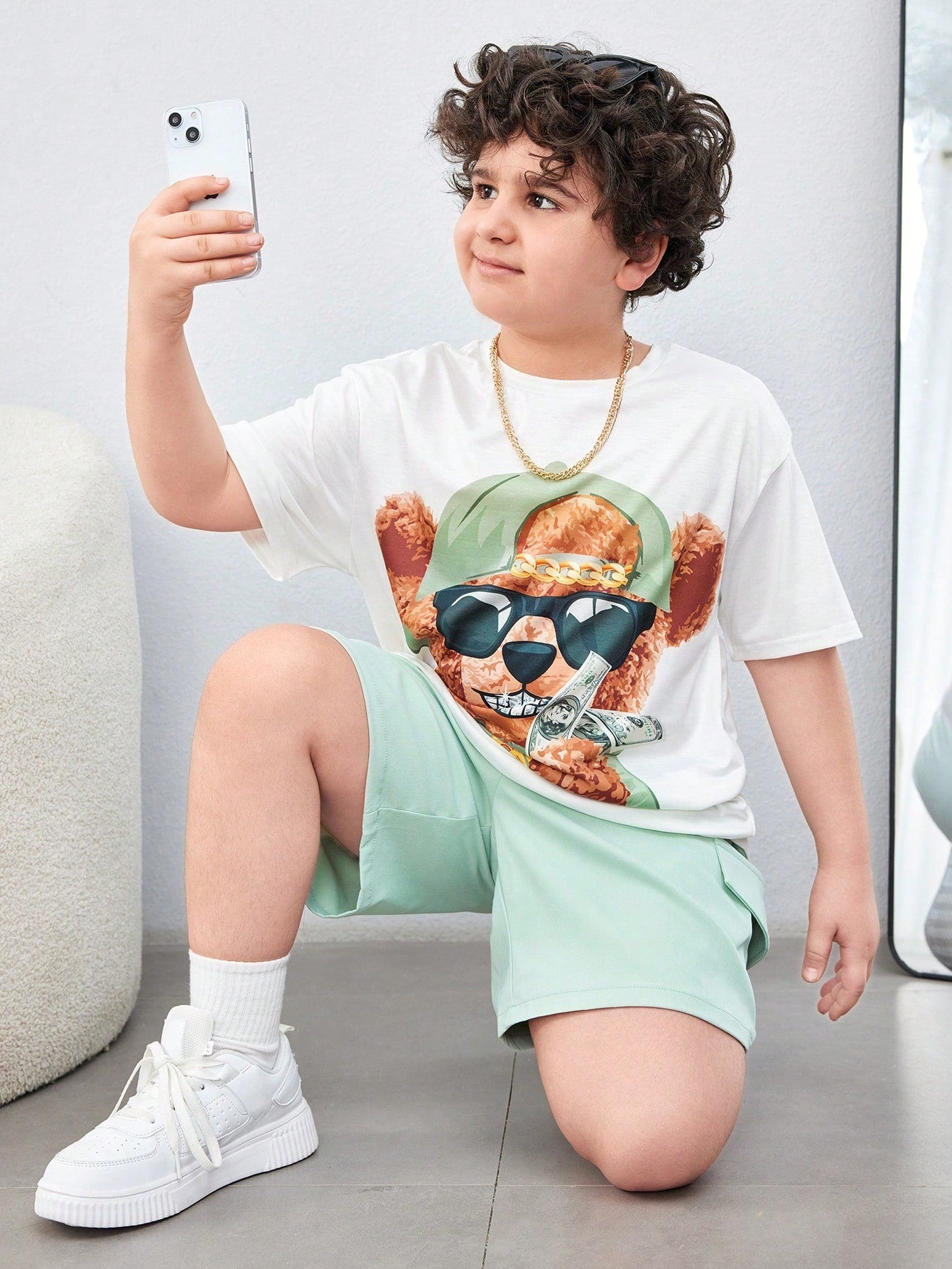 Tween Boy Extended Size Casual Bear Print Round Neck Short Sleeve Knitted T-Shirt And Woven Solid Shorts Set