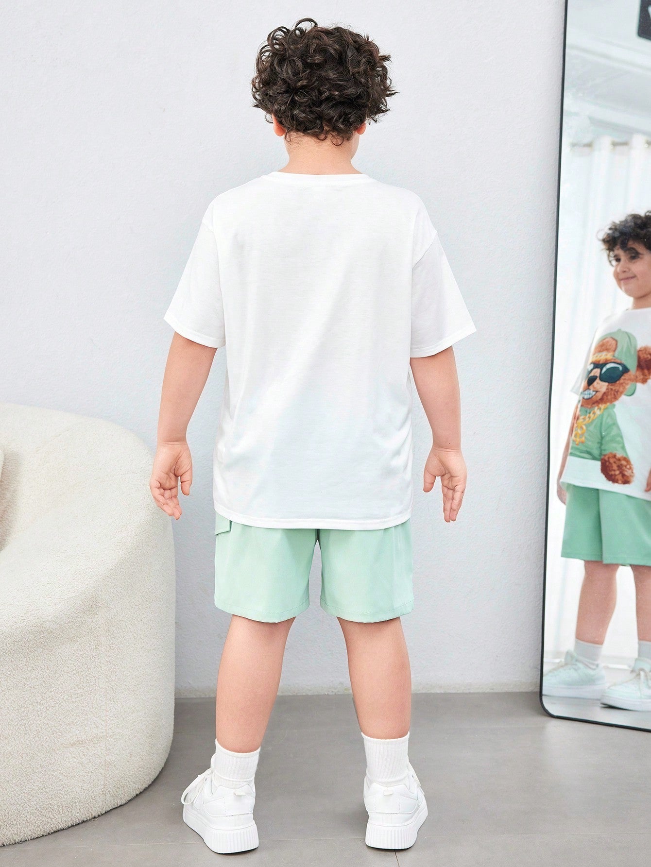 Tween Boy Extended Size Casual Bear Print Round Neck Short Sleeve Knitted T-Shirt And Woven Solid Shorts Set