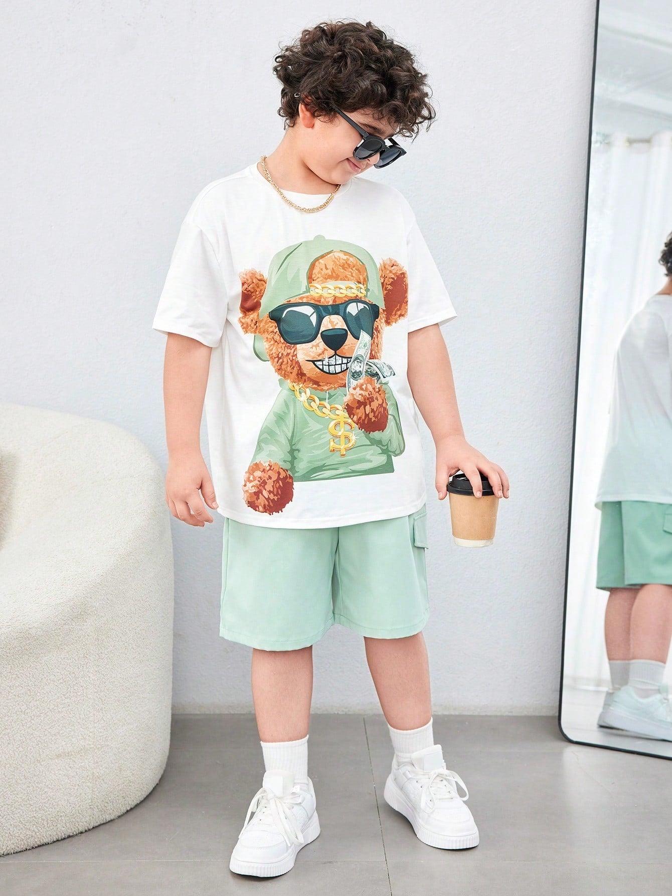 Tween Boy Extended Size Casual Bear Print Round Neck Short Sleeve Knitted T-Shirt And Woven Solid Shorts Set