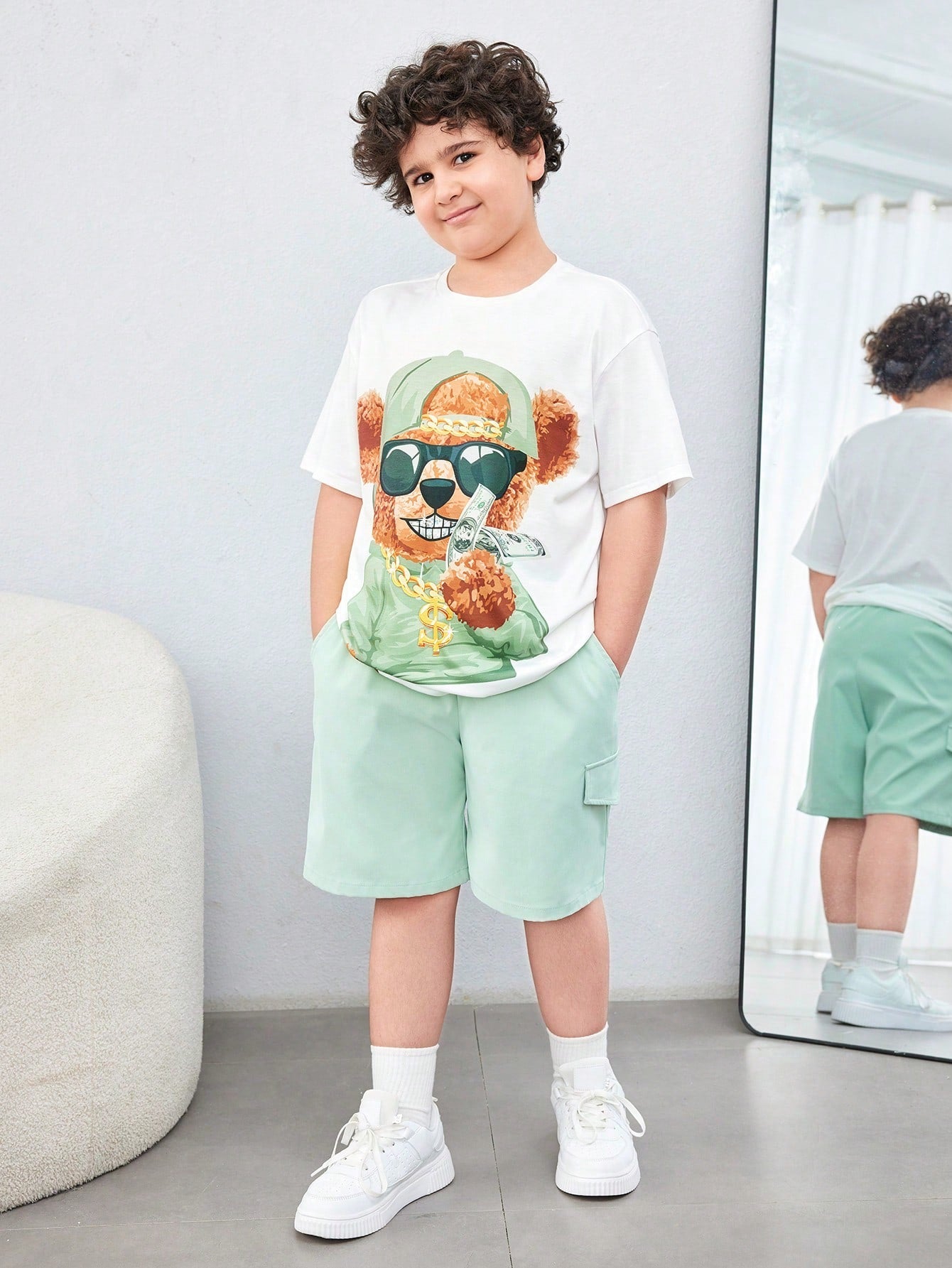 Tween Boy Extended Size Casual Bear Print Round Neck Short Sleeve Knitted T-Shirt And Woven Solid Shorts Set