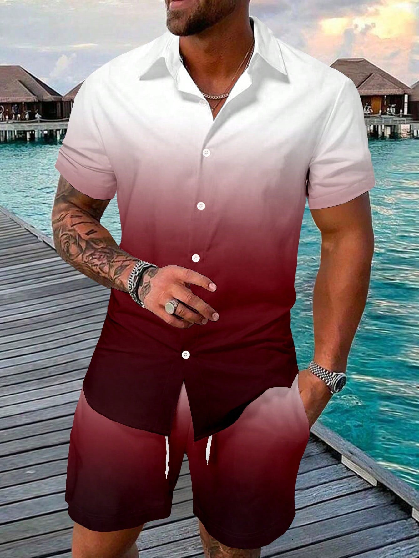 Men Plus Size Gradient Color Button-Front Collared Short-Sleeve Shirt And Drawstring Waist Pocketed Shorts Two-Piece Set