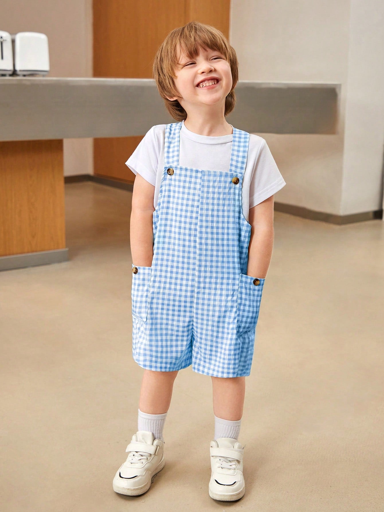 1pc Young Boys' Comfortable, Stylish, Simple And Practical Plaid Overalls Suitable For Spring And Summer