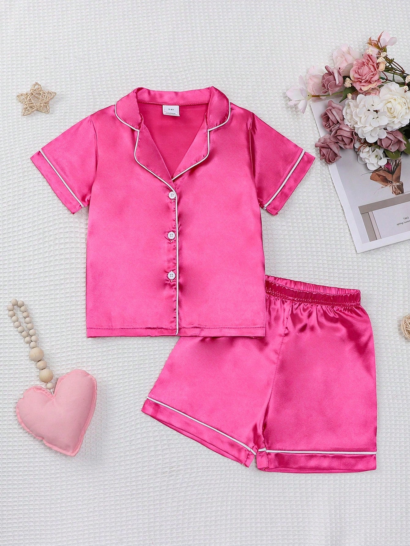 Young Girl Summer Solid Pink Single-Breasted Short Sleeve Shirt + Shorts Casual Outfit Set