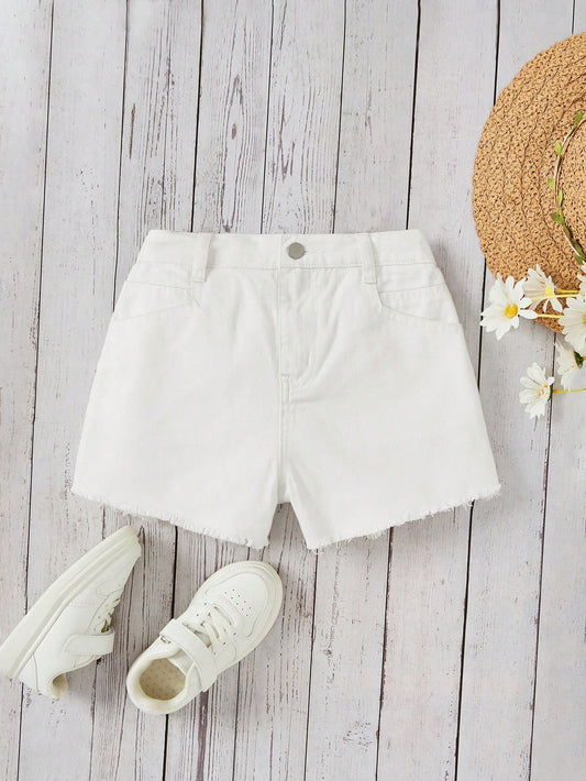 Tween Girl White  Washed Casual Fashion College Style Youth Denim Shorts