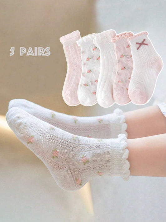 5pairs/Set Girls Kids Mesh Thin High Elasticity Socks, Frilly Lace Hem Floral Trim Athletic Socks, Spring/Summer, Pink And White