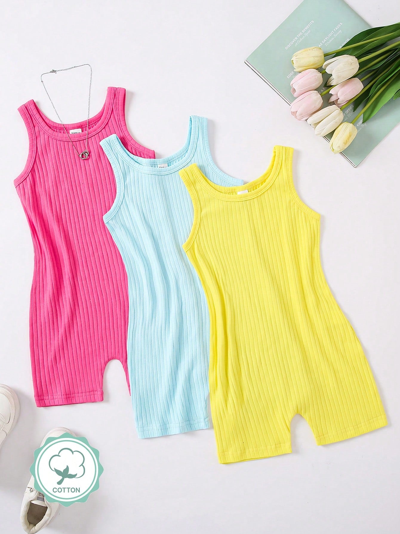 Young Girl Summer Casual Solid Color Ribbed Knitted Sleeveless Jumpsuit