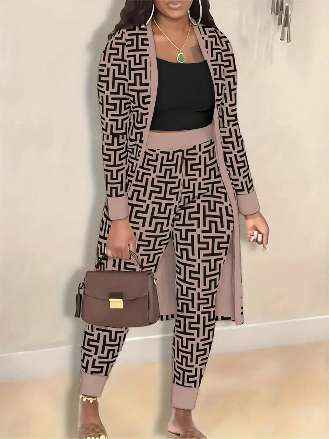 Women Geometric Printed Shawl Collar Long Sleeve Cardigan And Pants Set