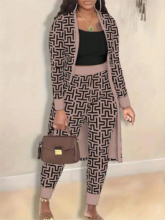 Women Geometric Printed Shawl Collar Long Sleeve Cardigan And Pants Set