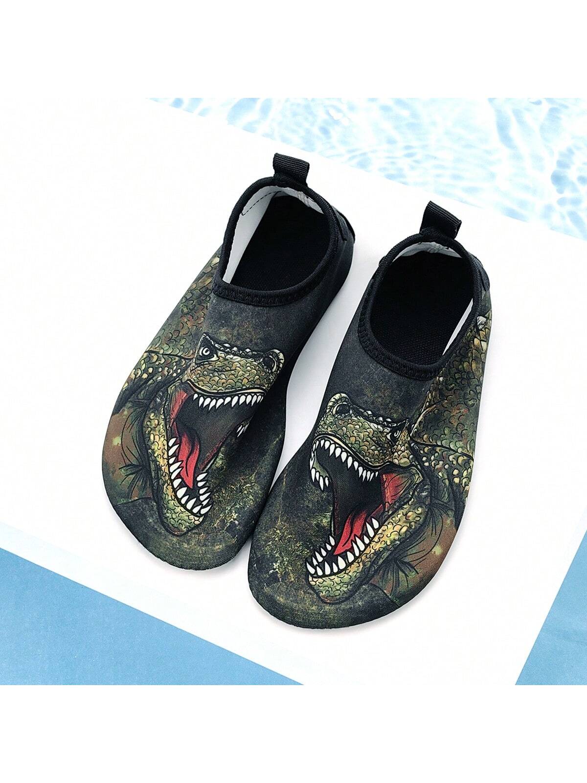 Children's Outdoor Sandals For Boys,  Green Jungle Dinosaur Soft Bottom Lightweight Breathable Water Shoes For Outdoor Activities, Such As Swimming, Beach, And Creek Trekking