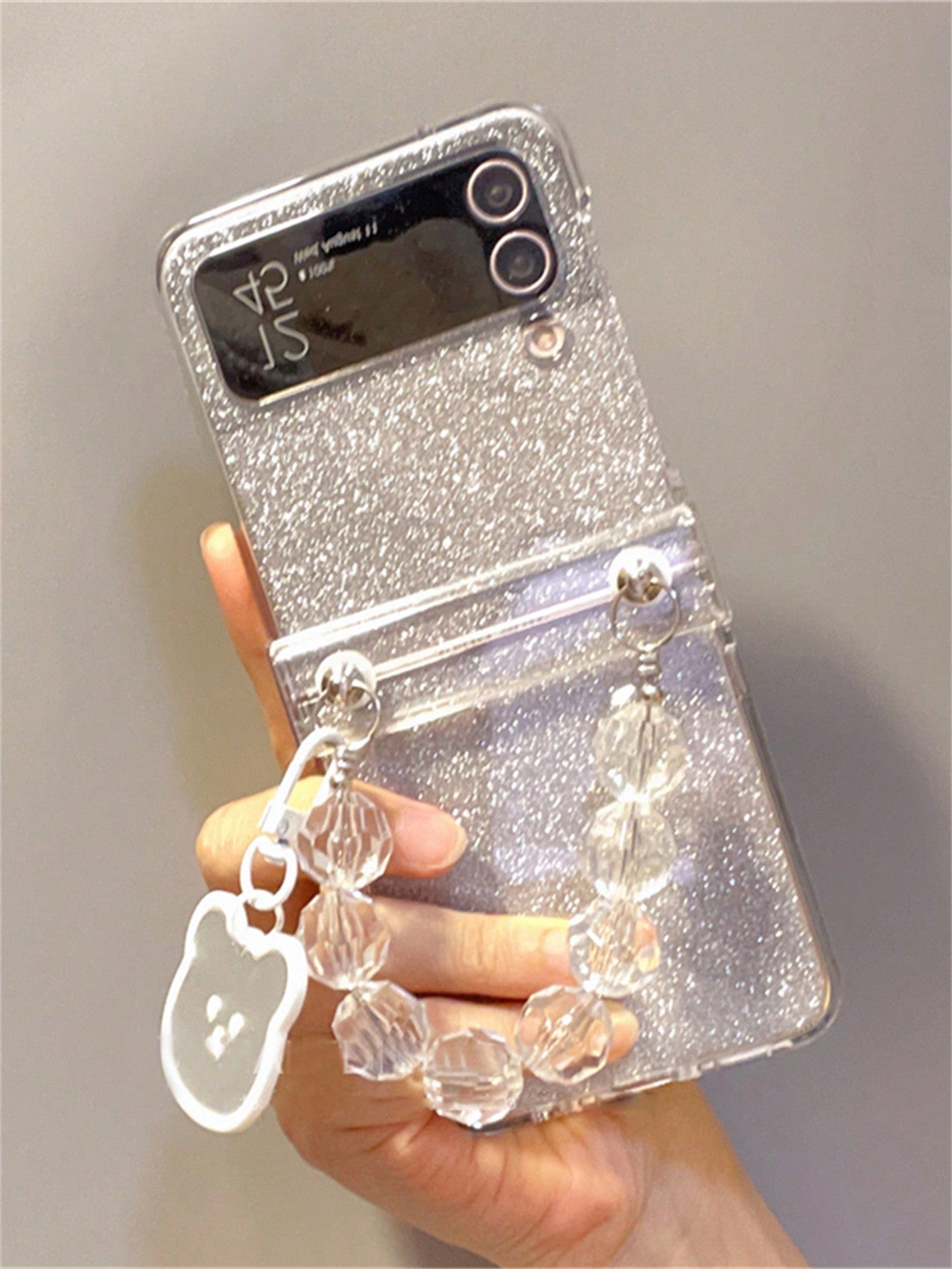 1PC Cute Cartoon Bear Bead Bracelet Chain Glitter Phone Case Compatible With Samsung Galaxy Z Flip6 Z Flip 5 Z Flip 4 Z Flip 3 Clear Hard Cover