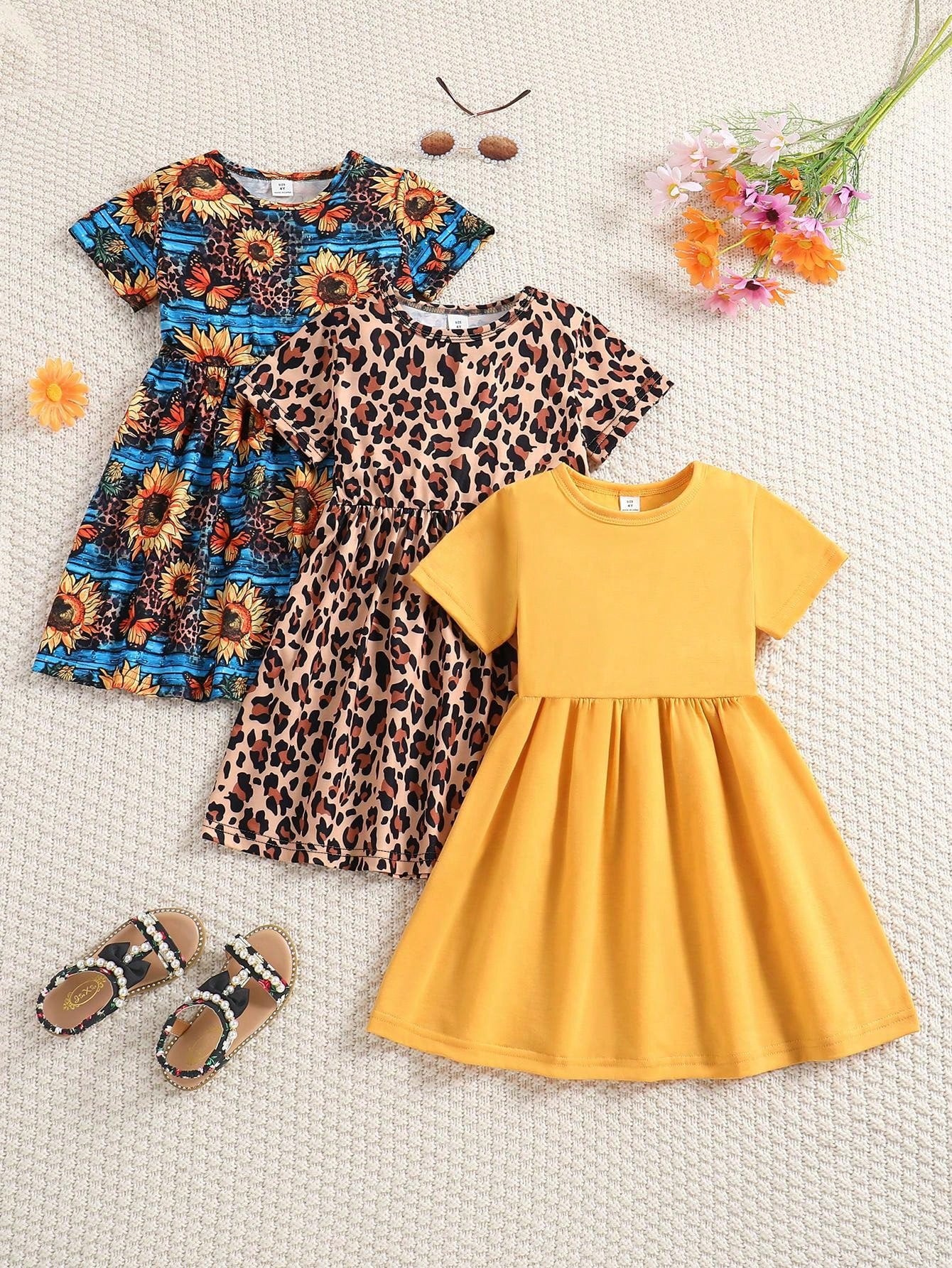 Young Girl 3pcs Elegant Knitted Solid Color Leopard Sunflower Short Sleeve Fashionable Holiday Round Neck Dress Set Summer Casual Cute Style Skirts