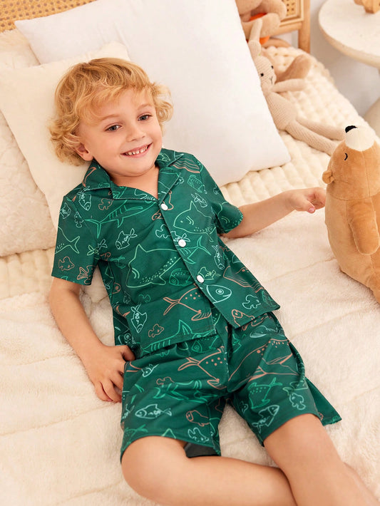 Young Boys' Green Simple Whale Print Short Sleeve Shirt With Shorts Casual 2-Piece Home Wear Set