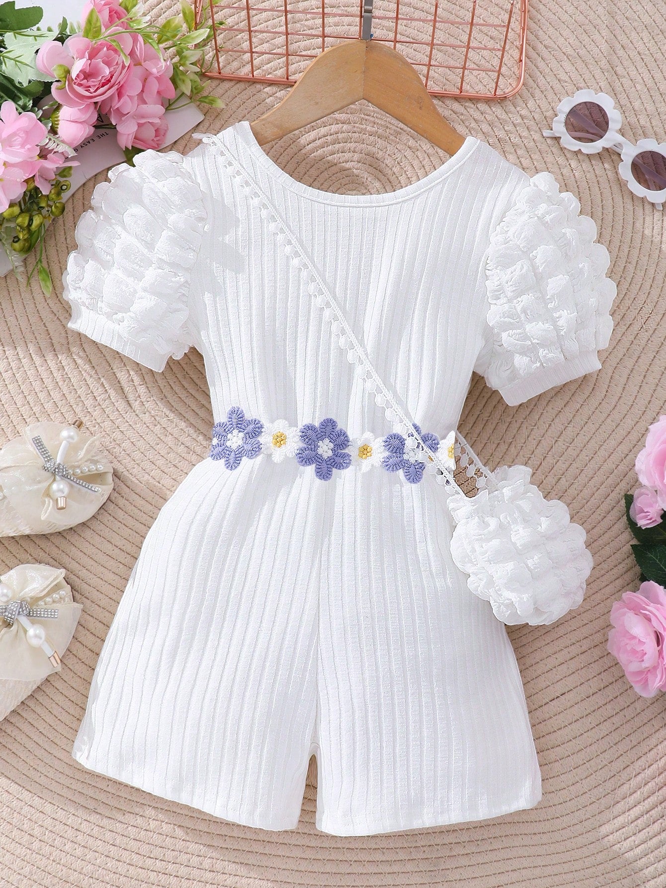 Young Girl Short Sleeve Bubble Textured Ribbed Cross-Back Romper, Including Bag