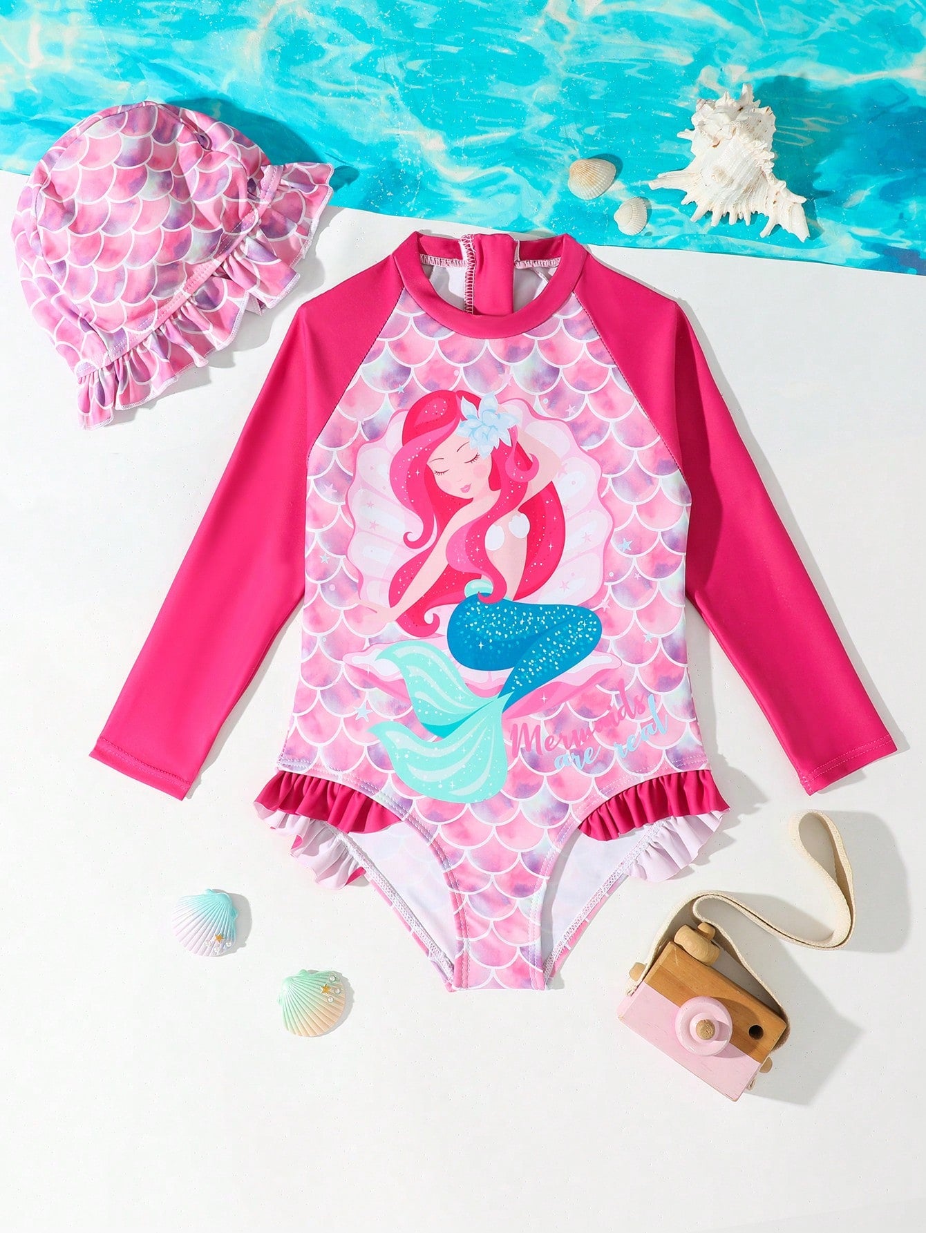 Young Girl Long Sleeve One-Piece Swimwear With Swim Cap, Suitable For Beach, Pool, And Indoor Swimming