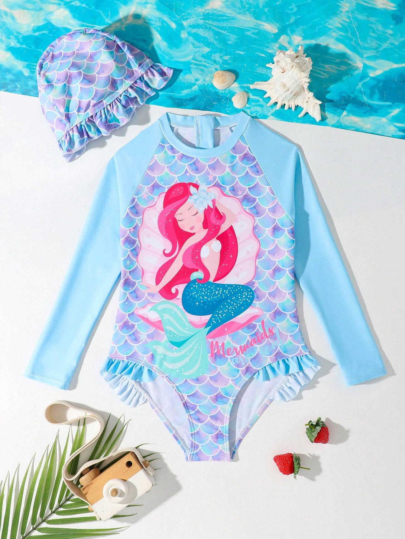 Young Girl Long Sleeve One-Piece Swimwear With Swim Cap, Suitable For Beach, Pool, And Indoor Swimming