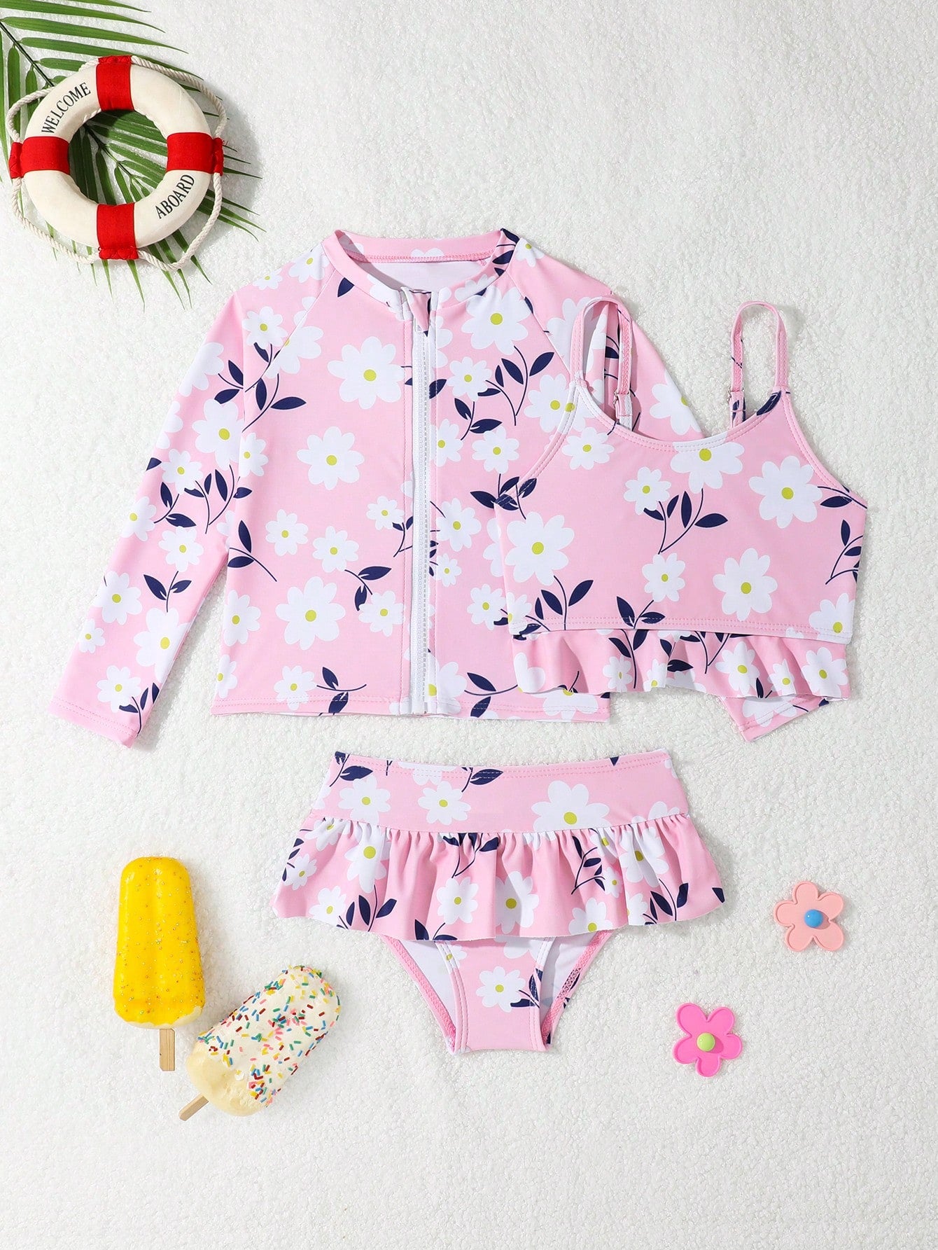 Young Girl Bikini Set With Floral Print Frill And Long Sleeve Swimwear Top, 3pcs Matching Set