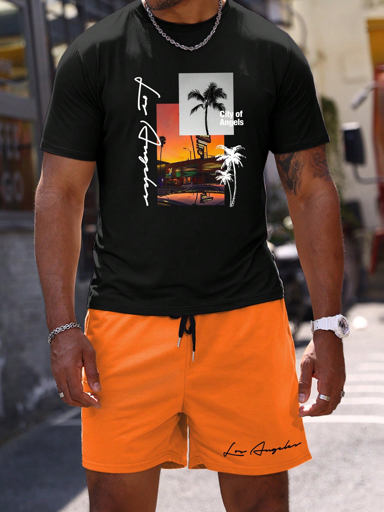 Men Plus Size Summer Round Neck Landscape Print Short Sleeve T-Shirt And Drawstring Pocket Shorts Two-Piece Set