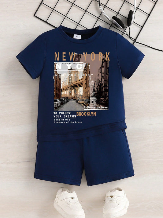 Young Boy Leisure Slogan Graphic Tee & Shorts For Summer