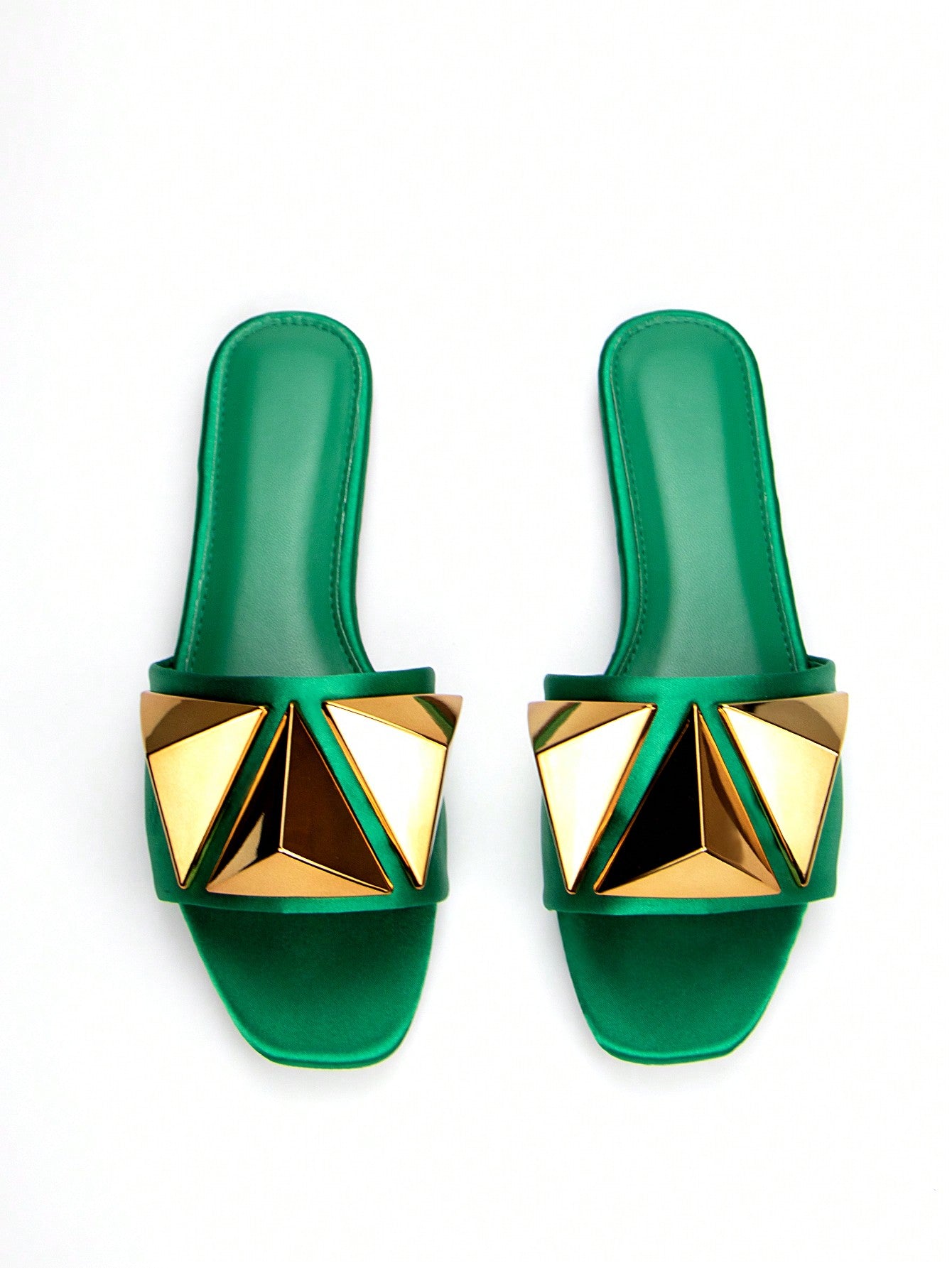 Women Elegant Gold Hardware Buckle Green Sardine Fabric Square Toe Fashionable And Comfortable Flat Sandals