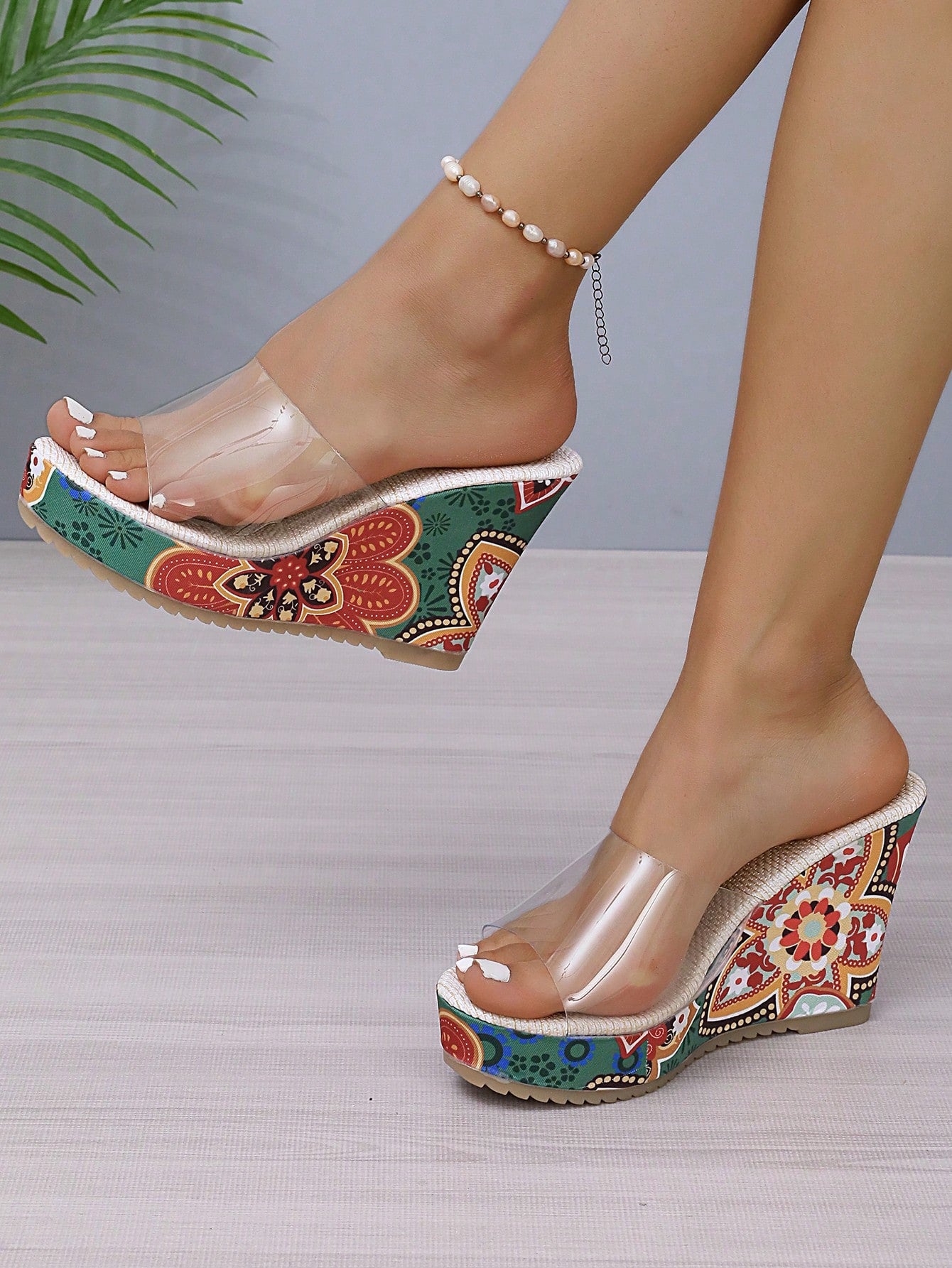 2024 Summer Women's Thick Platform Wedge Heel Floral Pattern Fashion High Heels Waterproof Ankle Strap Sandals, Plus Size