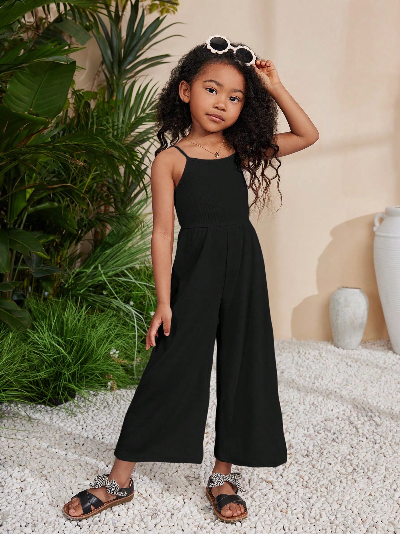 Young Girl Spring/Summer Knit Solid Color Spaghetti Strap Jumpsuit For Holiday & Leisure