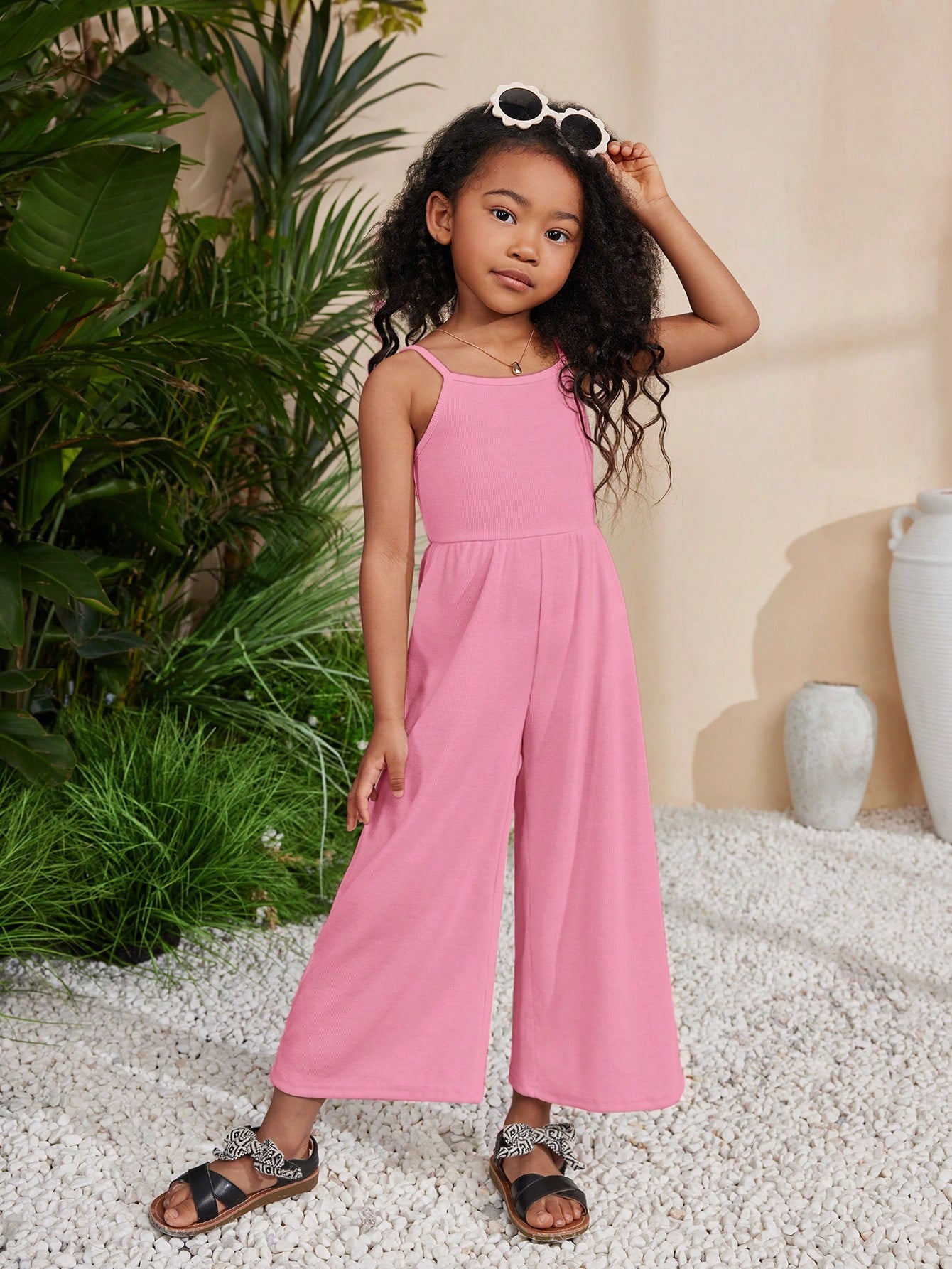 Young Girl Spring/Summer Knit Solid Color Spaghetti Strap Jumpsuit For Holiday & Leisure