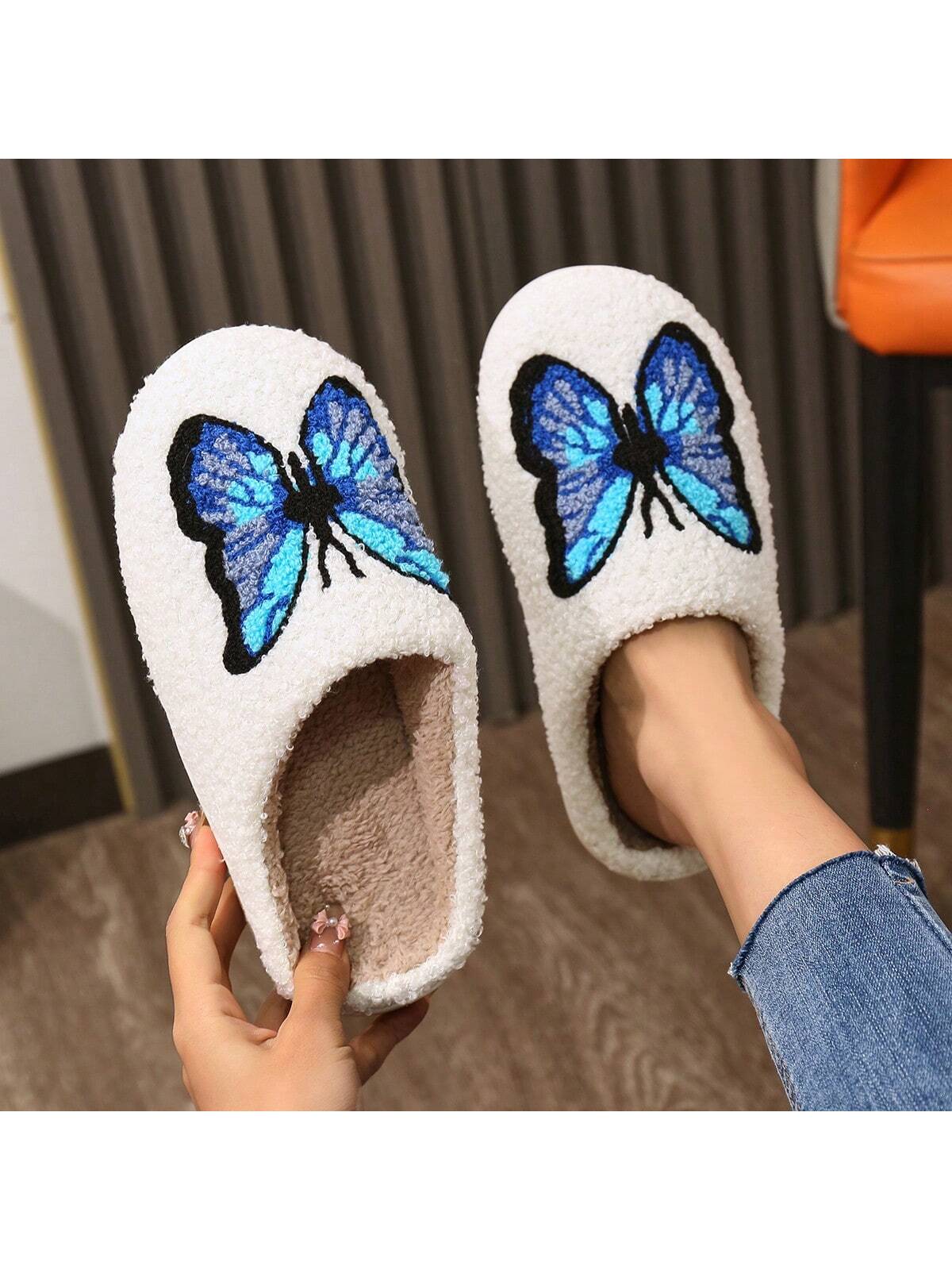 Women's Casual Plush House Slippers With Embroidered Strawberry Design, Autumn-Winter Style