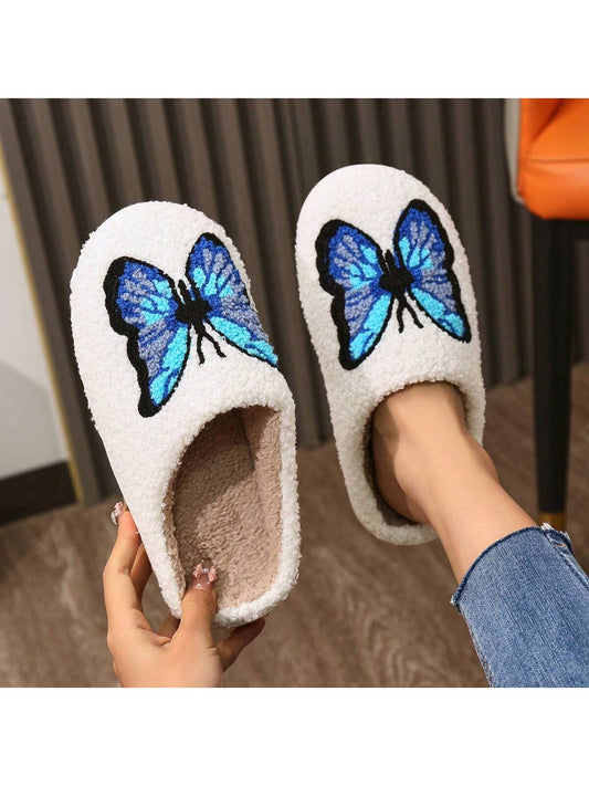 Women Velvet Butterfly Indoor Slippers, Flat Anti-Skid Thick Lining Winter Slippers