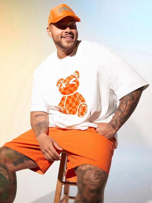 2pcs Men Big Size Casual Loose Fit Cartoon Bear Print Round Neck Short Sleeve T-Shirt And Shorts Set