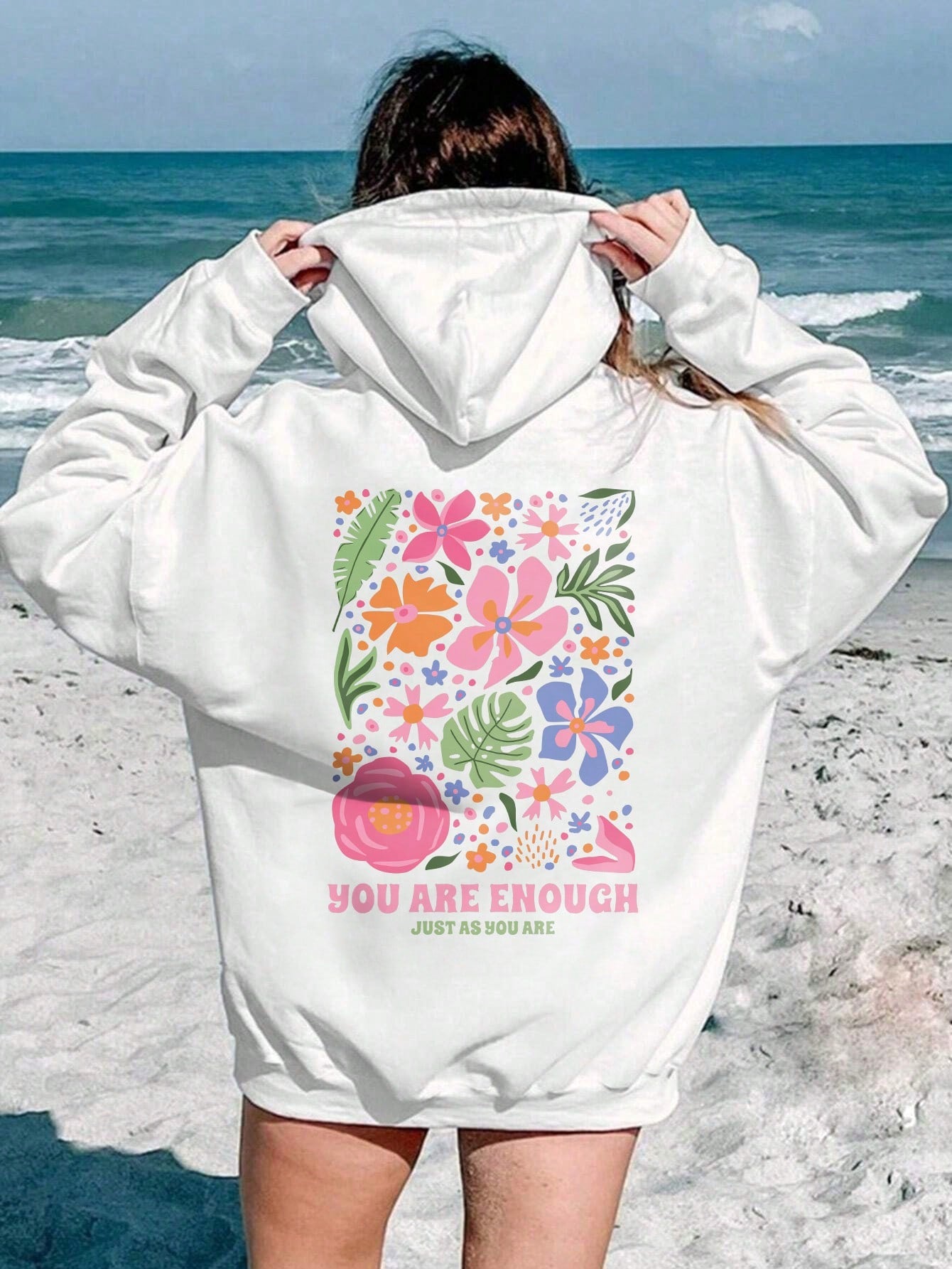 Holiday/Leisure Flower & Plant Slogan Printed Hoodie With Drawstring And Fleece Lining